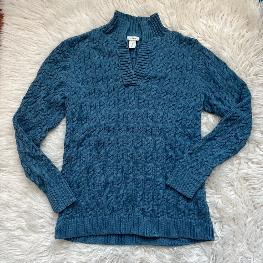 LL Bean Women’s Blue Cable Knit Fisherman Sweater Size Small
